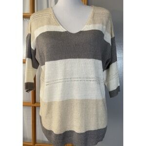 Epretty Pullover Knit Sweater Womens XL Ivory Gray Striped 1/2 Sleeve Casual